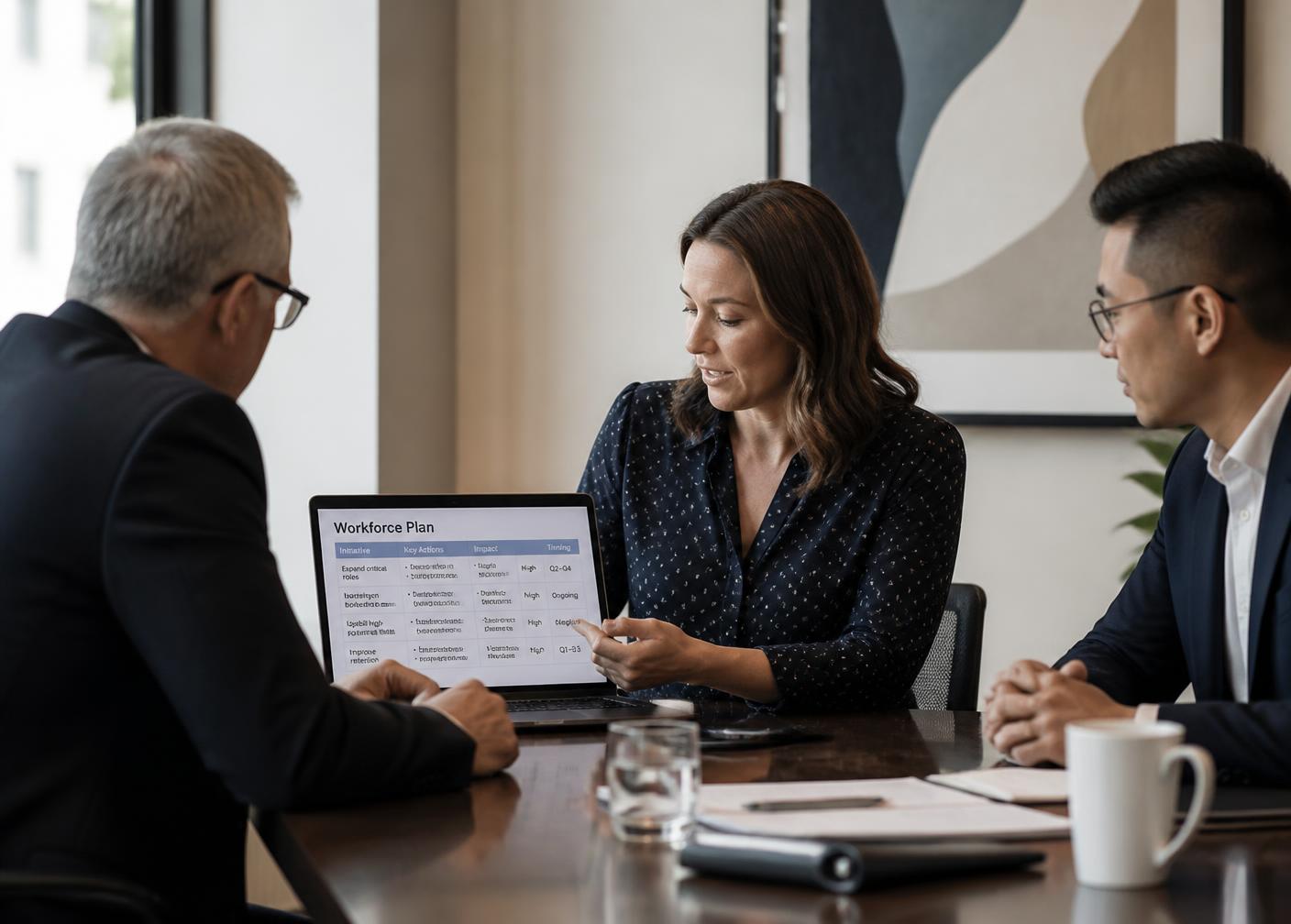 A fractional HR leader reviewing a workforce plan with executives